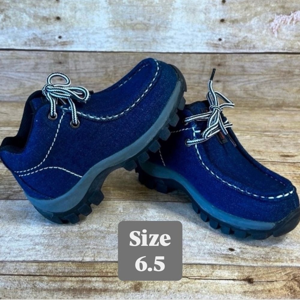 Redhawk Kids Denim Moc Toe Boots Navy Blue Lace Up Lug Sole Shoes Size 6.5